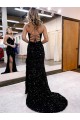 Sweep Train Sleeveless Velvet Sequin Royal Blue Sheath V-Neck Evening Dress