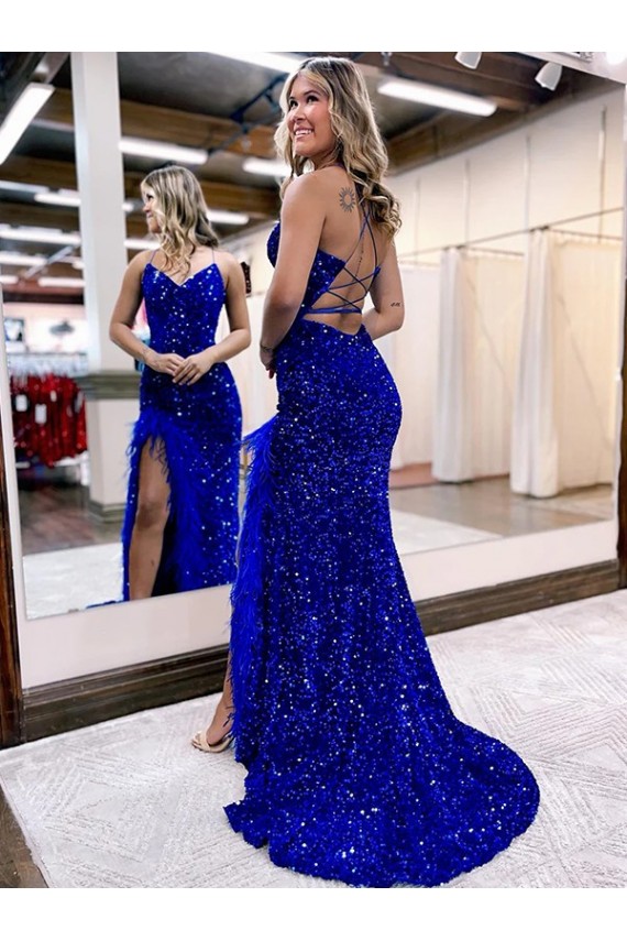 Sweep Train Sleeveless Velvet Sequin Royal Blue Sheath V-Neck Evening Dress