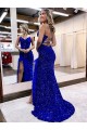 Sweep Train Sleeveless Velvet Sequin Royal Blue Sheath V-Neck Evening Dress