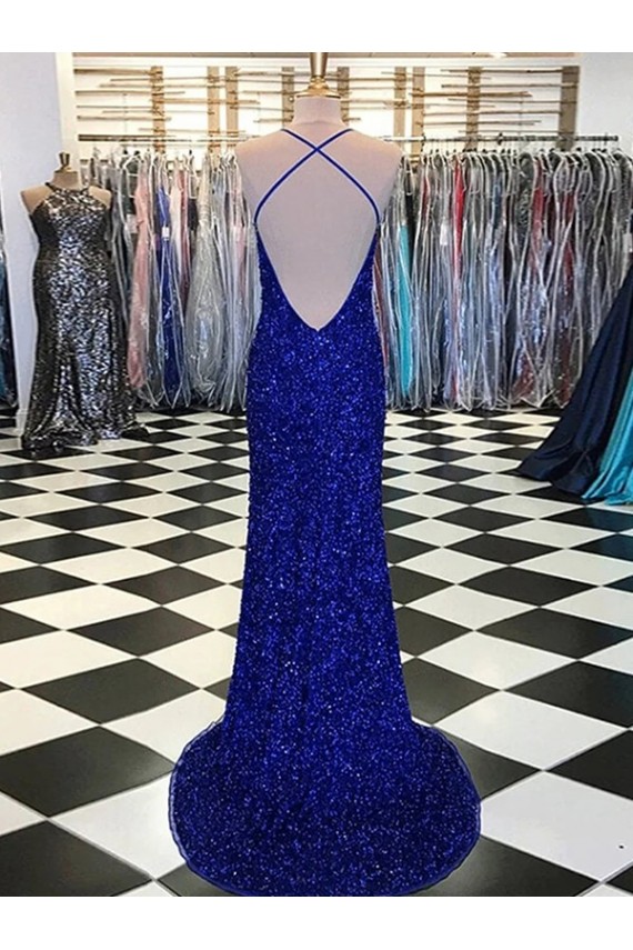 Sweep Train Sleeveless Velvet Sequin Royal Blue Sheath Evening Dress