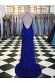 Sweep Train Sleeveless Velvet Sequin Royal Blue Sheath Evening Dress