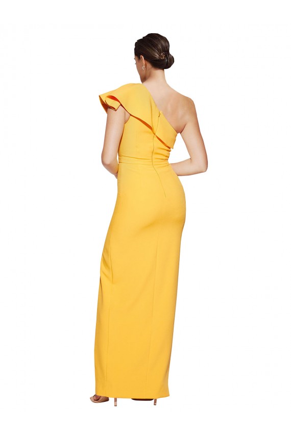 Long Sleeveless Stretch Crepe Saffron Sheath Formal Evening Dress