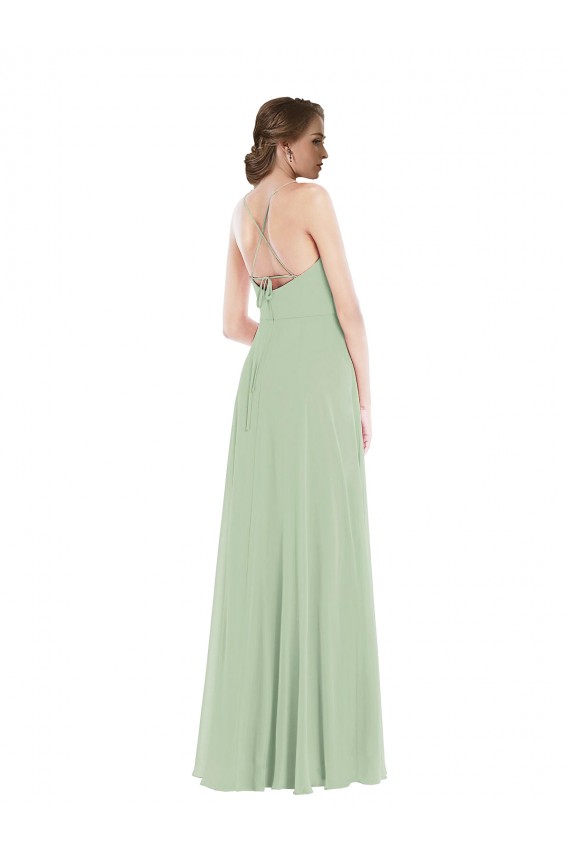 Long Sleeveless Soft Chiffon Sage Scoop Neck A-Line Semi Formal Evening Dress