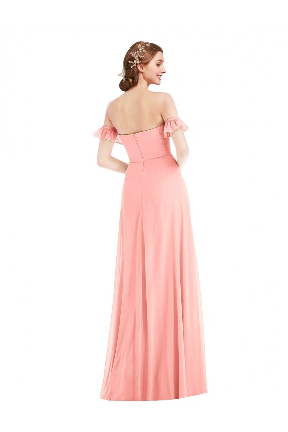 Long Flutter Sleeves Soft Chiffon Salmon A-Line Semi Formal Evening Dress