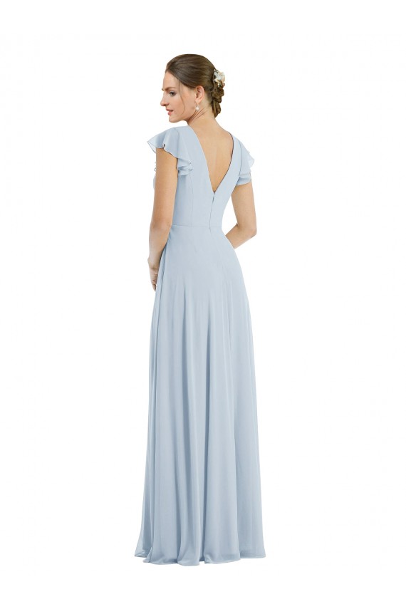 Long Flutter Sleeves Soft Chiffon Sea Glass A-Line Formal Evening Dress