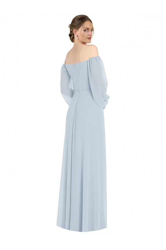 Long Puff Sleeves Soft Chiffon Sea Glass A-Line Formal Evening Dress
