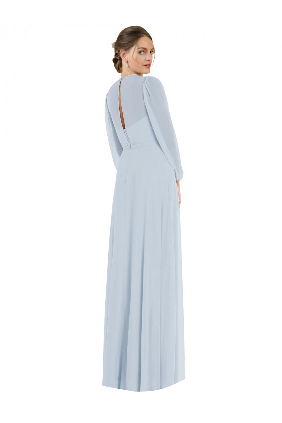 Long Puff Sleeves Soft Chiffon Sea Glass Strapless A-Line Formal Evening Dress