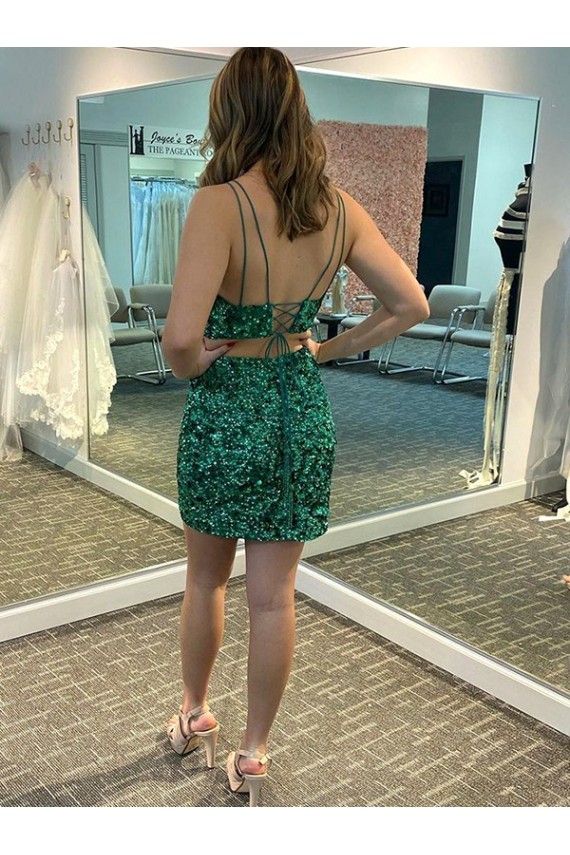 Short Sleeveless Velvet Sequin Shamrock Green Sheath Formal Dress