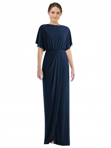 Short Sleeves Long Spandex Dark Navy Sheath Semi Formal Evening Dress for Sale
