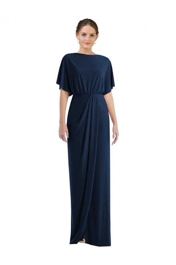 Short Sleeves Long Spandex Dark Navy Sheath Semi Formal Evening Dress