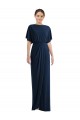 Short Sleeves Long Spandex Dark Navy Sheath Semi Formal Evening Dress