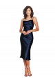 Cocktail Length Sleeveless Silky Satin Dark Navy Sheath Formal Evening Dress