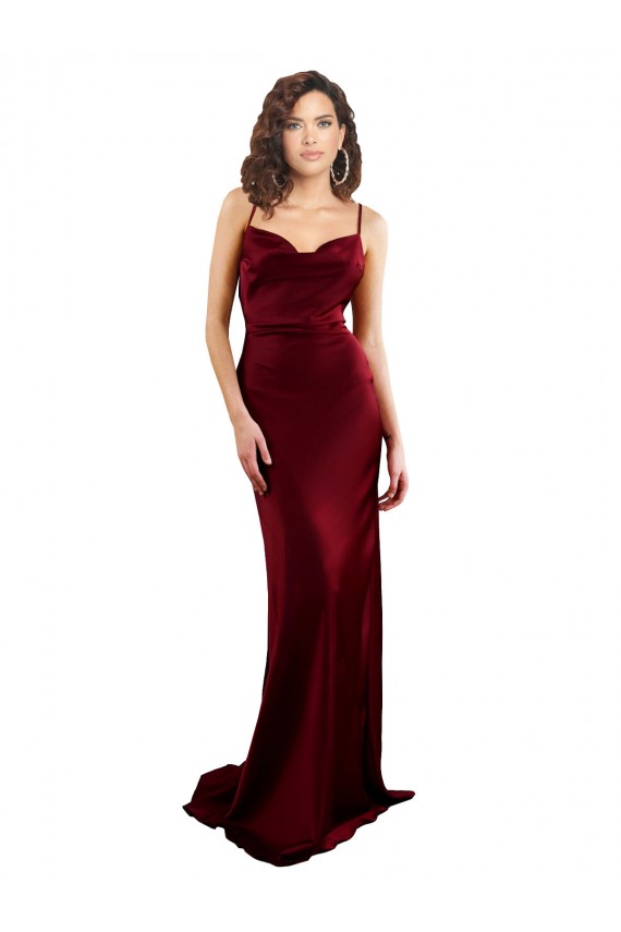 Long Sleeveless Silky Satin Burgundy Sheath Formal Evening Dress