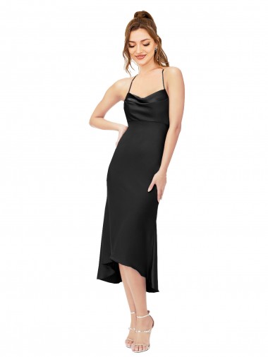 Midi Length Sleeveless Silky Satin Black Sheath High Low Evening Dress for Sale