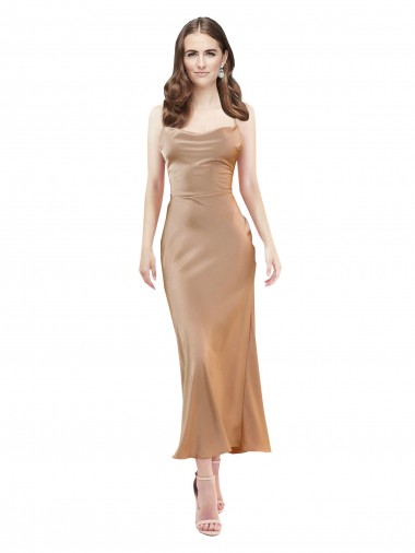Midi Length Sleeveless Silky Satin Rose Gold Sheath Formal Evening Dress for Sale