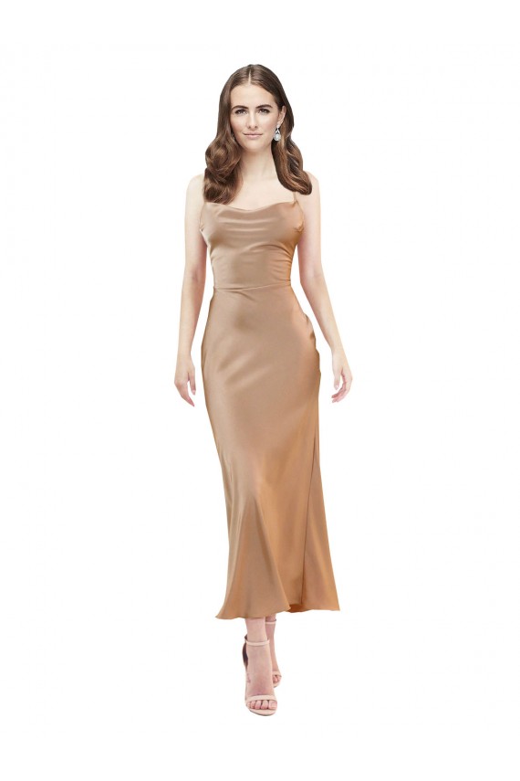 Midi Length Sleeveless Silky Satin Rose Gold Sheath Formal Evening Dress