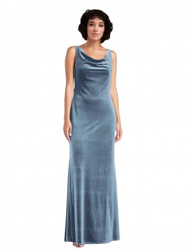Long Sleeveless Stretch Velvet Dusty Blue Sheath Evening Dress for Sale