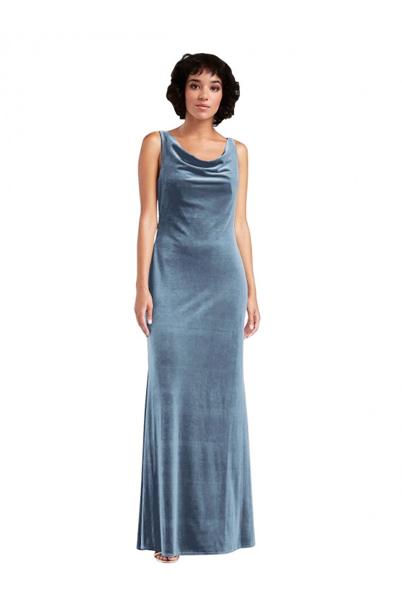 Long Sleeveless Stretch Velvet Dusty Blue Sheath Evening Dress