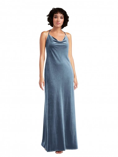 Long Sleeveless Stretch Velvet Dusty Blue Sheath V-Back Evening Dress for Sale