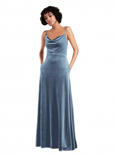 Long Sleeveless Stretch Velvet Dusty Blue Cowl Neck Sheath Semi Formal Evening Dress for Sale