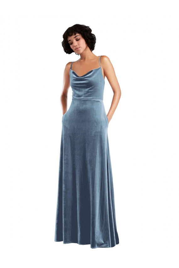 Long Sleeveless Stretch Velvet Dusty Blue Cowl Neck Sheath Semi Formal Evening Dress
