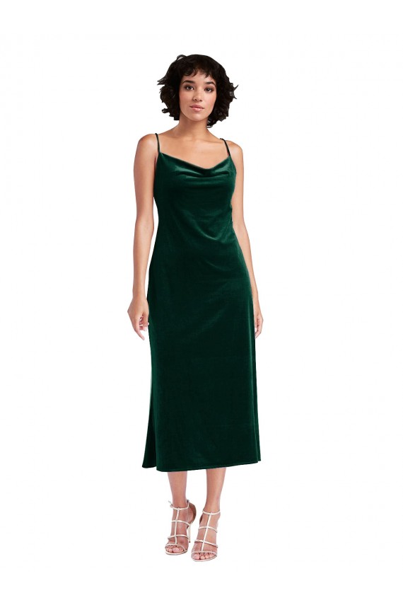 Midi Length Sleeveless Stretch Velvet Dark Green Sheath Black Tie Evening Dress