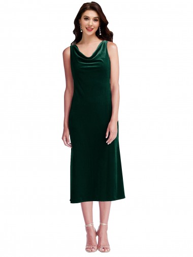 Midi Length Sleeveless Stretch Velvet Dark Green Sheath Evening Dress for Sale