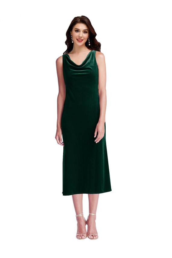 Midi Length Sleeveless Stretch Velvet Dark Green Sheath Evening Dress
