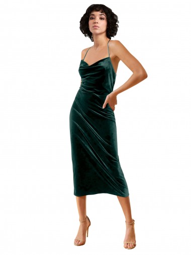 Midi Length Sleeveless Stretch Velvet Dark Green Sheath Formal Dress for Sale
