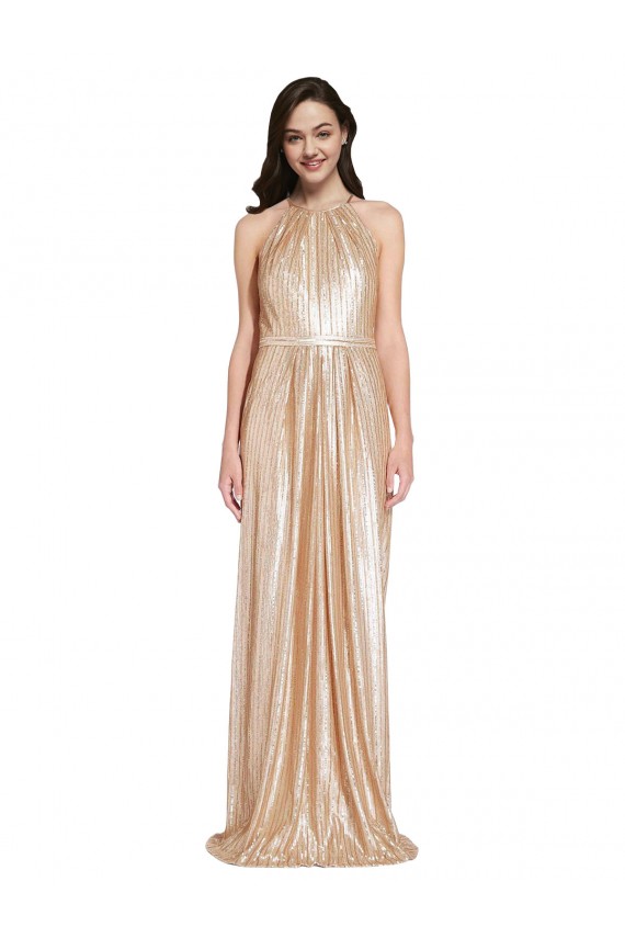 Long Sleeveless Sequin Gold Sheath Formal Evening Dress