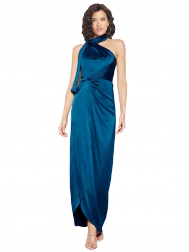 Long Sleeveless Silky Satin Peacock Blue Sheath Formal Evening Dress for Sale