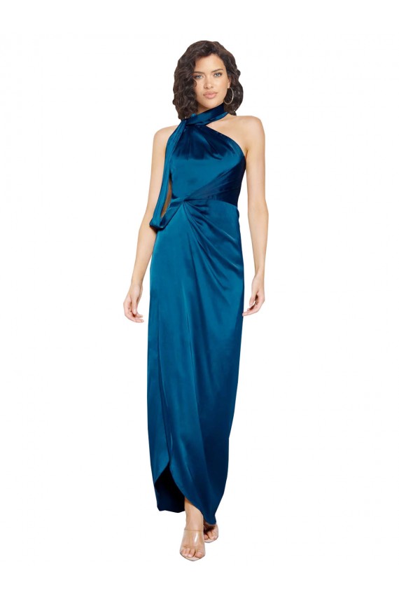 Long Sleeveless Silky Satin Peacock Blue Sheath Formal Evening Dress