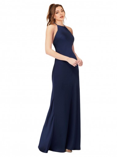 Long Sleeveless Silky Satin Sapphire Sheath Formal Evening Dress for Sale