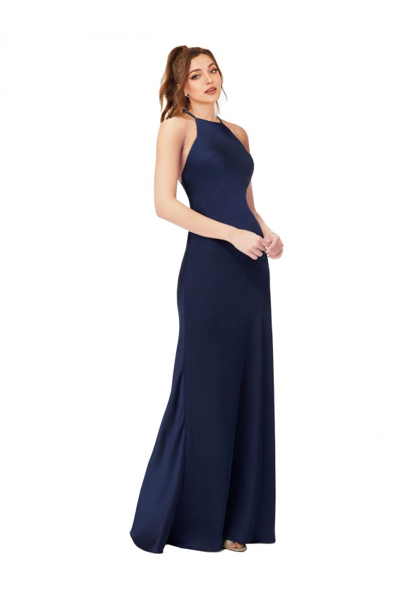 Long Sleeveless Silky Satin Sapphire Sheath Formal Evening Dress