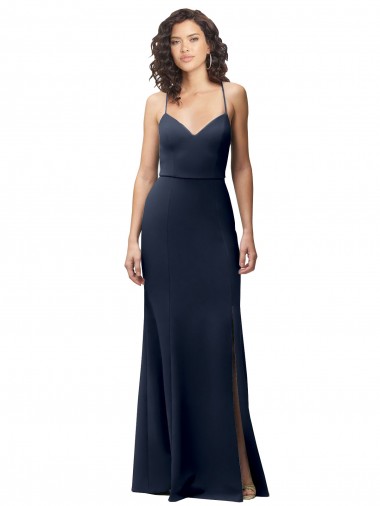Long Sleeveless Stretch Crepe Dark Navy Spaghetti Straps Sheath Formal Evening Dress for Sale