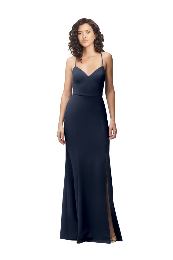 Long Sleeveless Stretch Crepe Dark Navy Spaghetti Straps Sheath Formal Evening Dress