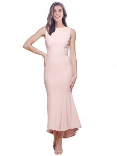Midi Length Sleeveless Stretch Crepe Pink Sheath High Low Evening Dress for Sale