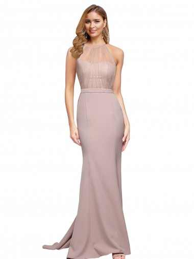 Sweep Train Sleeveless Stretch Crepe Dusty Pink Sheath Formal Evening Dress for Sale