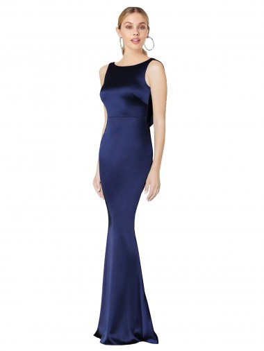 Long Sleeveless Stretch Satin Dark Navy Sheath Formal Evening Dress for Sale