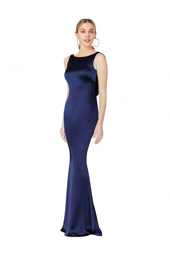 Long Sleeveless Stretch Satin Dark Navy Sheath Formal Evening Dress