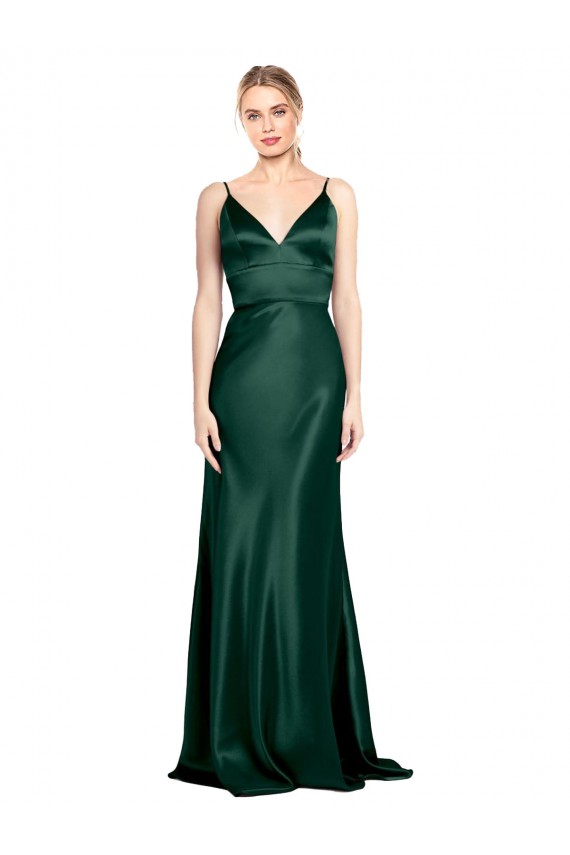 Long Sleeveless Stretch Satin Hunter Sheath Formal Evening Dress