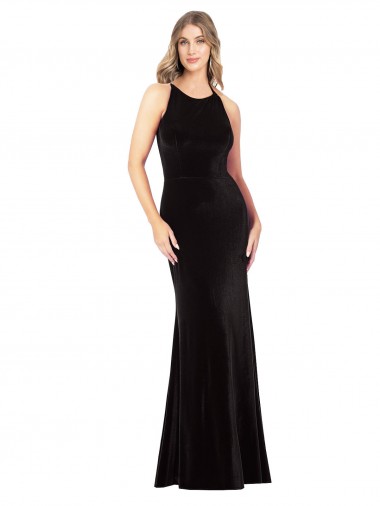 Long Sleeveless Stretch Velvet Black Spaghetti Straps Sheath Formal Evening Dress for Sale