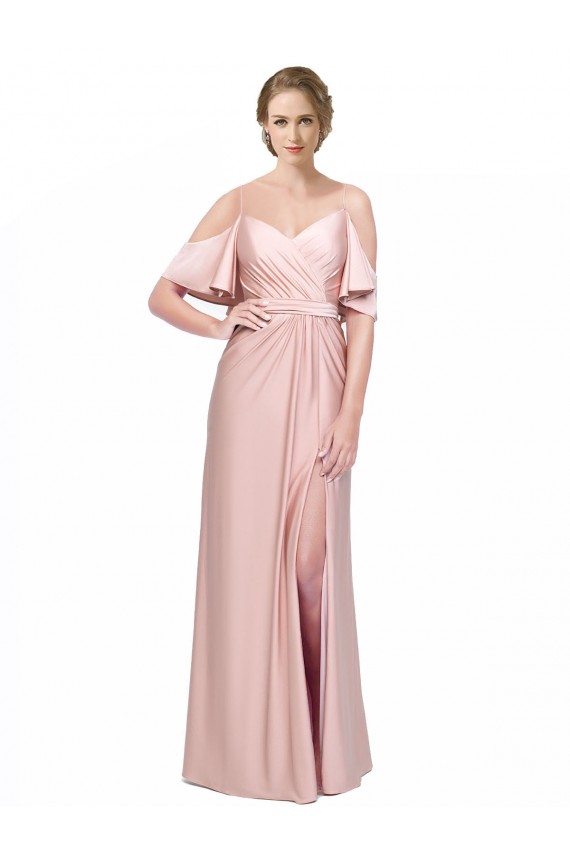 Long Cold Shoulder Silky Satin Sheath Formal Evening Dress
