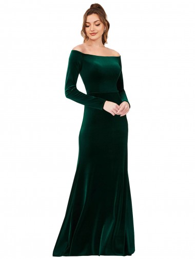 Long Long Sleeves Stretch Velvet Dark Green Sheath Formal Evening Dress for Sale