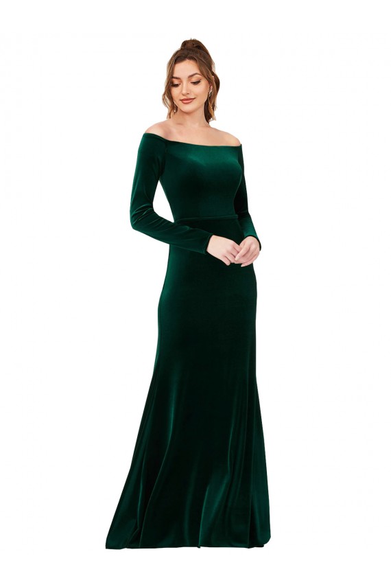Long Long Sleeves Stretch Velvet Dark Green Sheath Formal Evening Dress