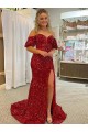 Court Train Short Sleeves Velvet Sequin Red Sheath Evening Dress