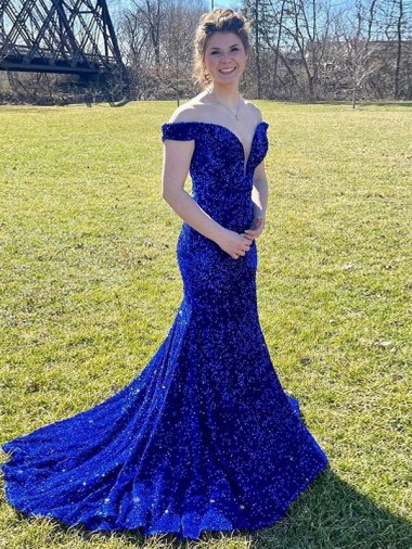 Sweep Train Sleeveless Velvet Sequin Royal Blue Sheath Evening Gown for Sale