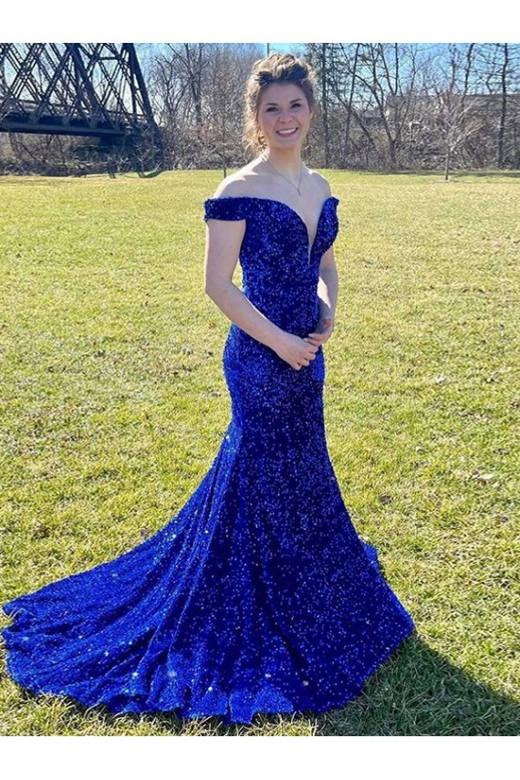 Sweep Train Sleeveless Velvet Sequin Royal Blue Sheath Evening Gown