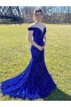 Sweep Train Sleeveless Velvet Sequin Royal Blue Sheath Evening Gown