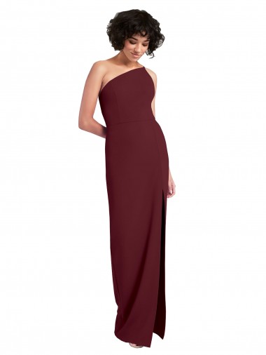Long Sleeveless Stretch Crepe Burgundy Gold One Shoulder Sheath Formal Evening Dress for Sale